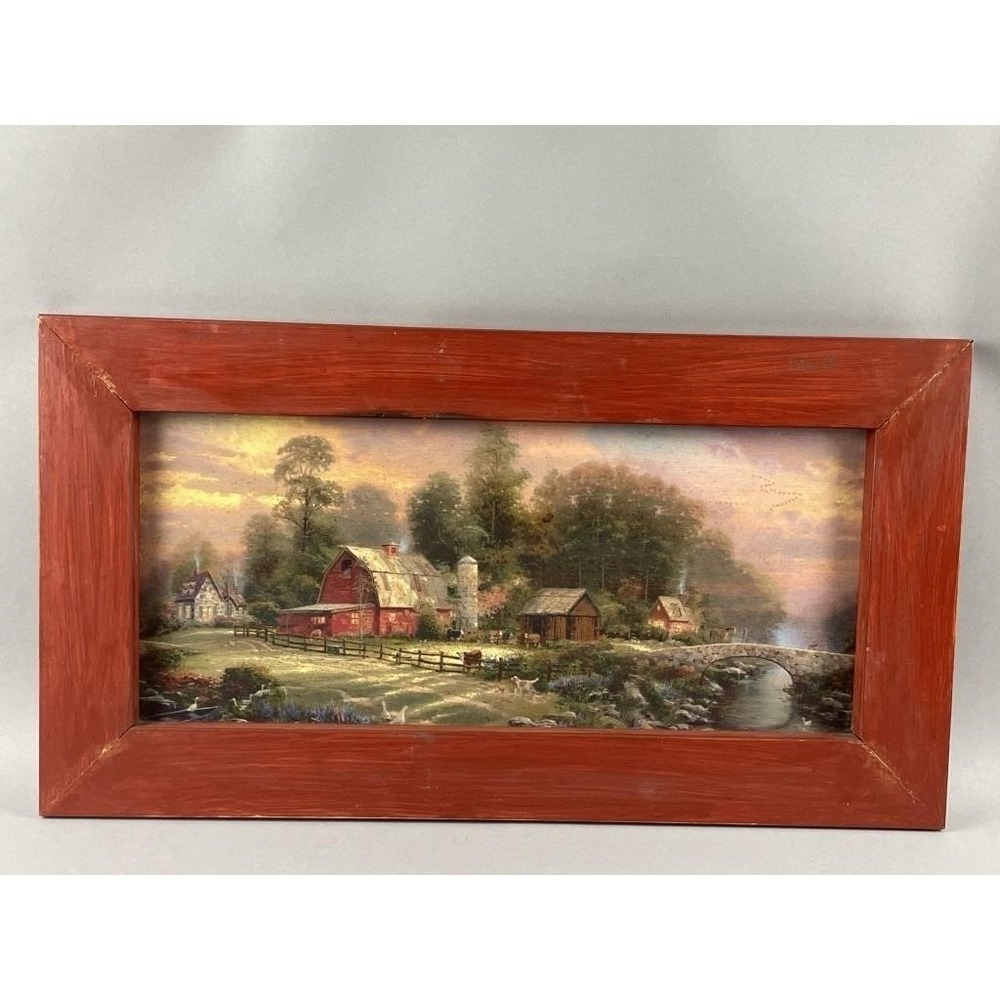 Vintage Framed Farm Landscape Print Red Barn Country Cottage Rustic Wall Art